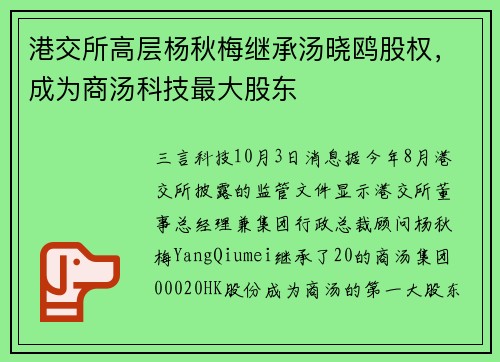 港交所高层杨秋梅继承汤晓鸥股权，成为商汤科技最大股东