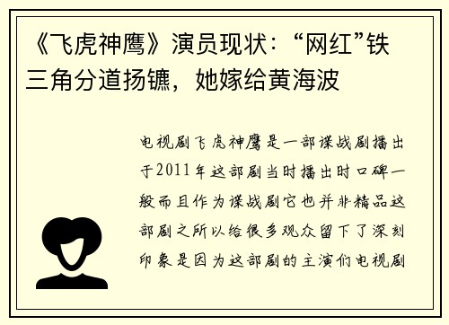 《飞虎神鹰》演员现状：“网红”铁三角分道扬镳，她嫁给黄海波