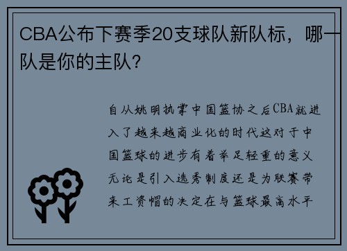 CBA公布下赛季20支球队新队标，哪一队是你的主队？