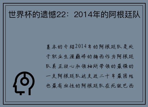 世界杯的遗憾22：2014年的阿根廷队