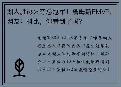 湖人胜热火夺总冠军！詹姆斯FMVP，网友：科比，你看到了吗？