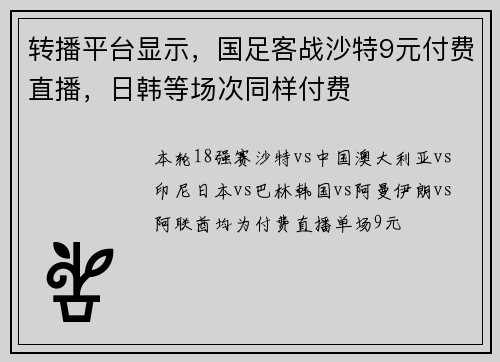 转播平台显示，国足客战沙特9元付费直播，日韩等场次同样付费