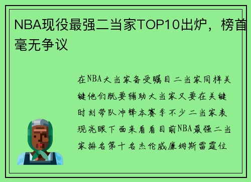 NBA现役最强二当家TOP10出炉，榜首毫无争议