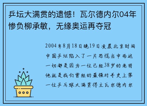 乒坛大满贯的遗憾！瓦尔德内尔04年惨负柳承敏，无缘奥运再夺冠