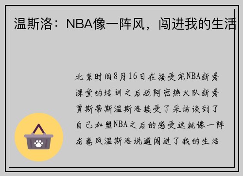 温斯洛：NBA像一阵风，闯进我的生活