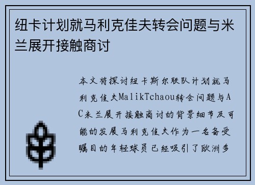 纽卡计划就马利克佳夫转会问题与米兰展开接触商讨