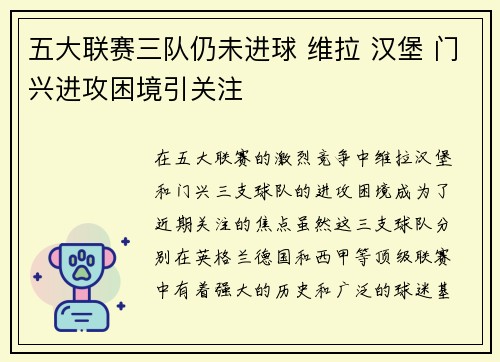 五大联赛三队仍未进球 维拉 汉堡 门兴进攻困境引关注